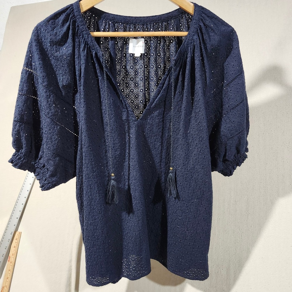 Sundays Navy Blue Eyelet Embroidered Puff Sleeve Tassel Tie Blouse Top Size 2XL